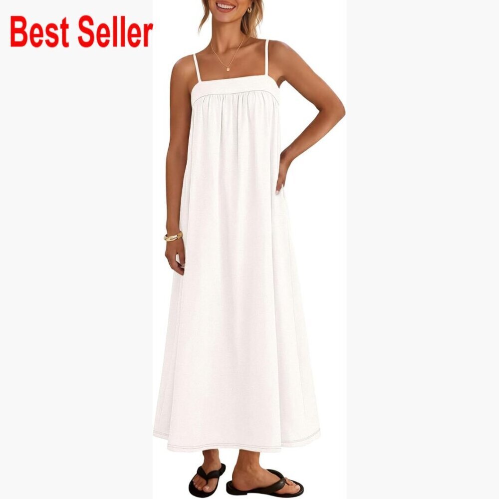 Linen Blend Maxi Sundress with Spaghetti Straps and Pockets